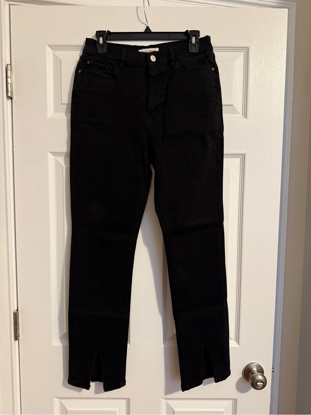 Warp + Weft Black Straight Leg Jeans with Front Slit Hem